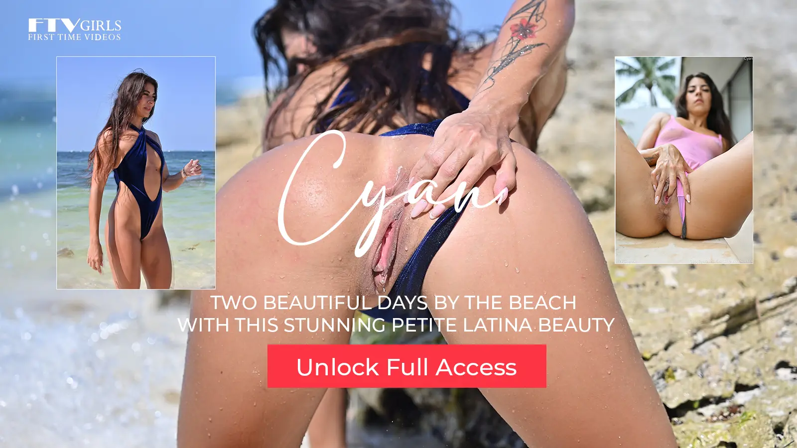 Cyan FTVGirls posing nude during a beach photoshoot by the ocean