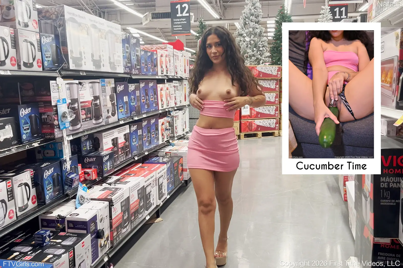 Natalia FTVGirls flashing in a public store with a preview of her cucumber scene